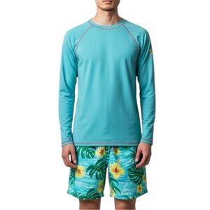 CROWN & IVY Men’s Cabana 50+ UPF Rashguard Shirt in Teal Size Medium -- NWT